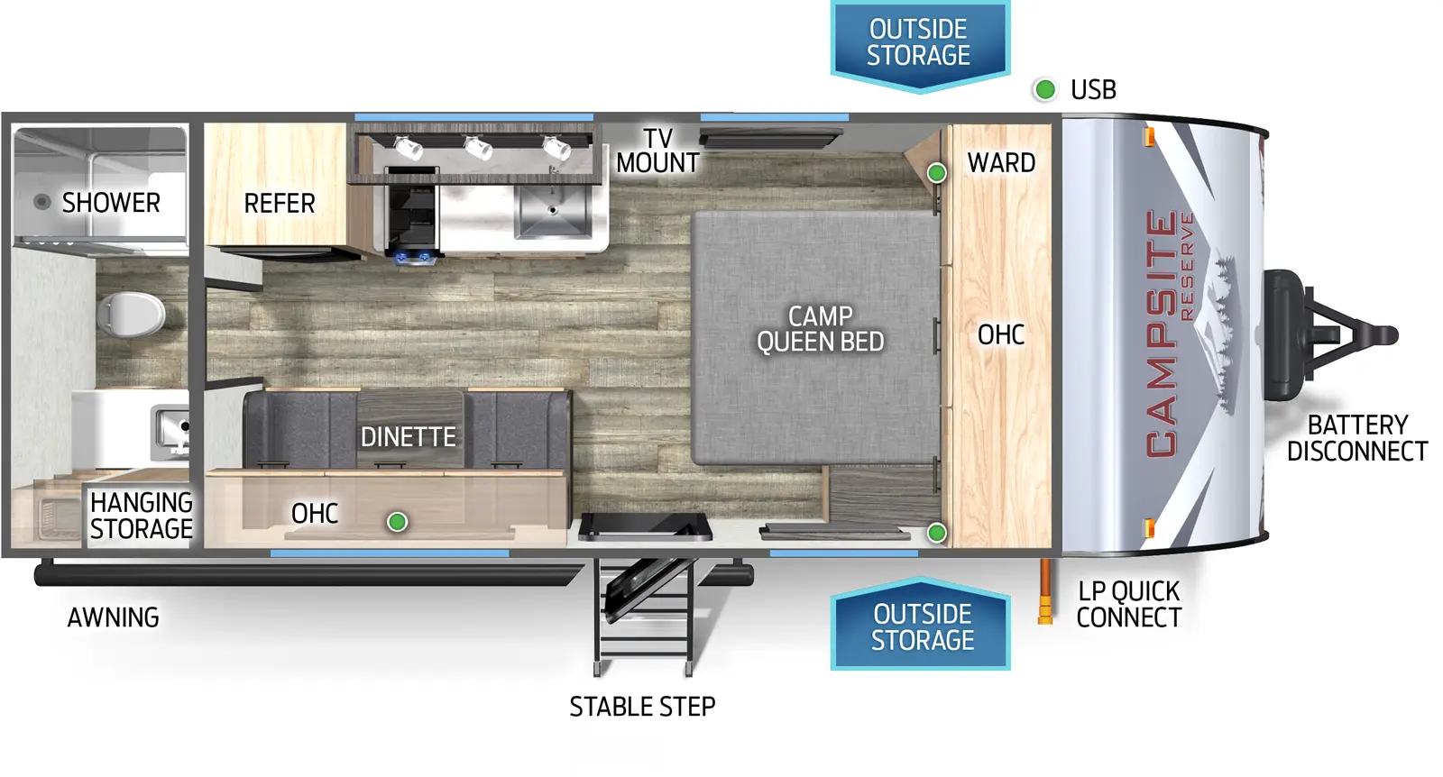 The Campsite Reserve 16BC floorplan has one entry and zero slide outs. Exterior features include: metal exterior. Interiors features include: front bedroom and rear bathroom.